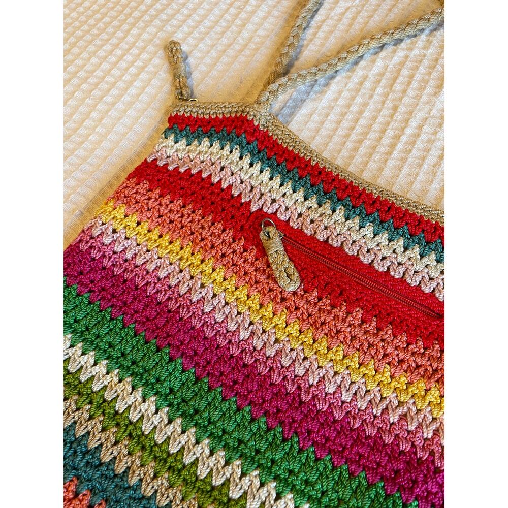 The Sak Boho Multicolor Striped Crochet Soft Crossbody Zip Closure Purse Handbag - Picture 6 of 15